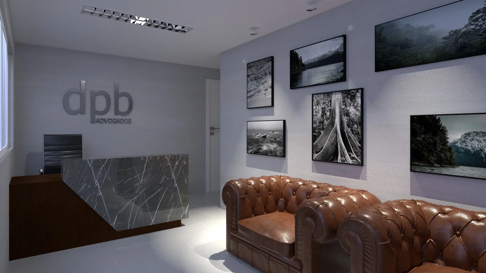 Recepção do escritório DPB Advogados, com o logotipo na parede, balcão de mármore e poltronas de couro